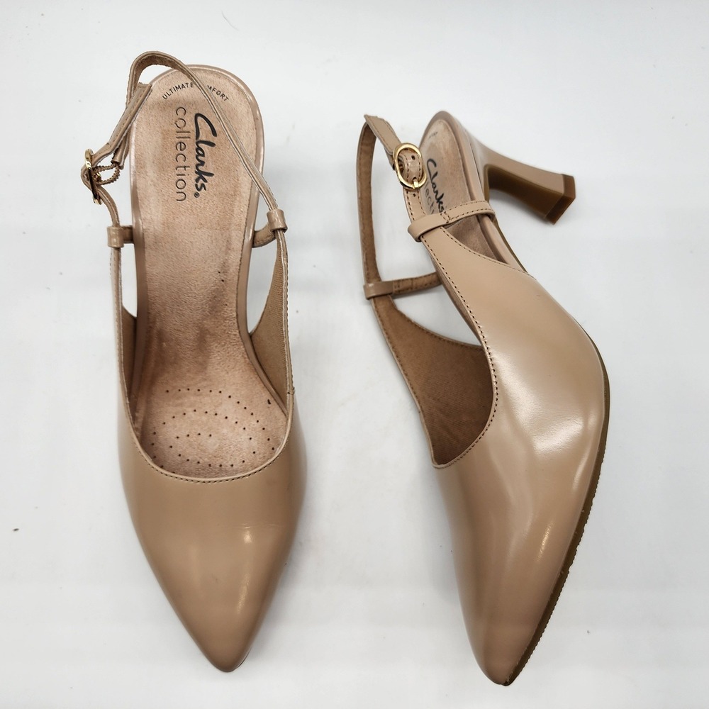 Clarks Kepley Lane Slingback Pumps Women's Size 9M Nude Patent Pointed Toe Heels